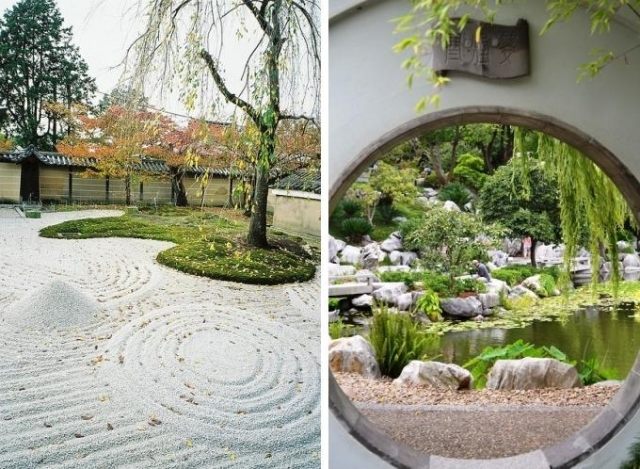 Projeto da paisagem - de acordo com o jardim seco de feng shui-zen com árvores