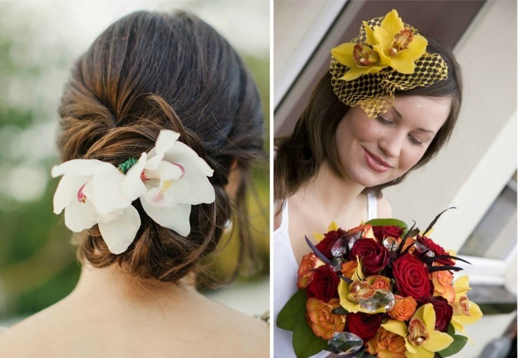 penteados de casamento com orquídeas branco amarelo cabelo acessório