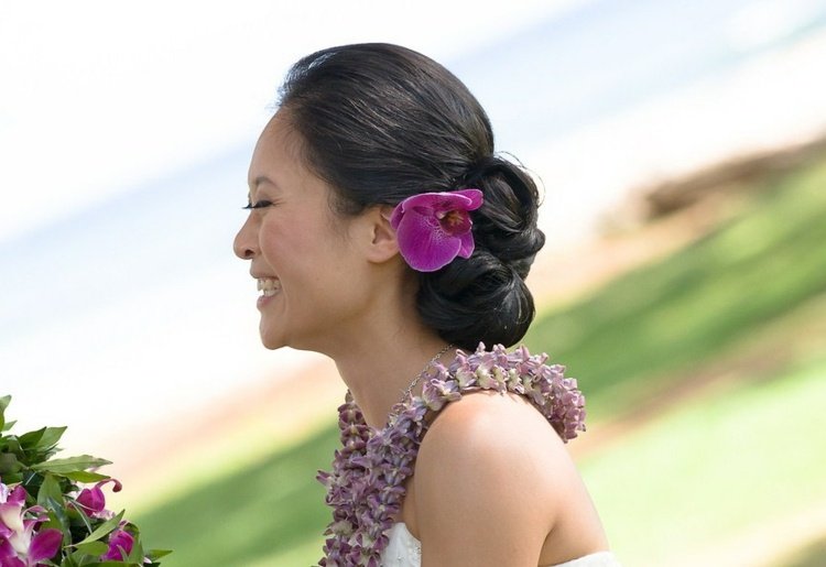 acessório rosa orquídea updo casamento de praia havaí