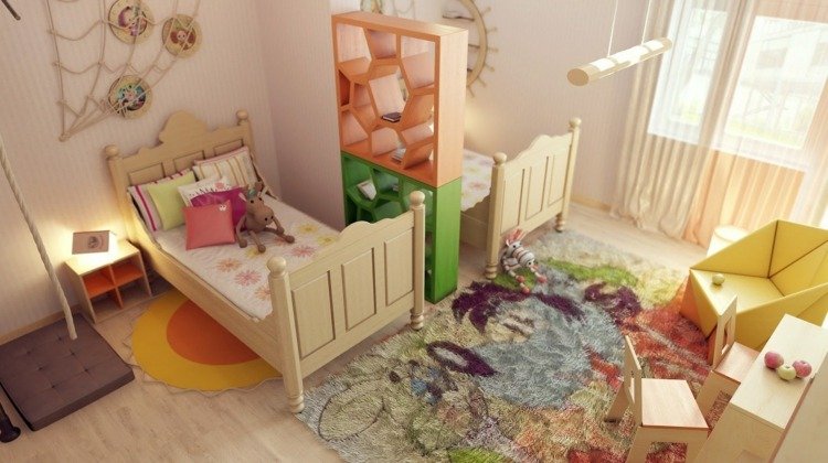 ideias para divisórias de quarto infantil coloridas camas de madeira carpete