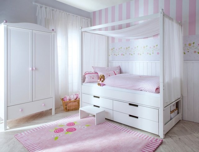 Beliche-cama com dossel-tecidos infantis-quarto de menina-tapete-rosa-padrão