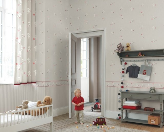 sutis-neutras-cores-quarto infantil-cinza-vermelho-branco-padrão