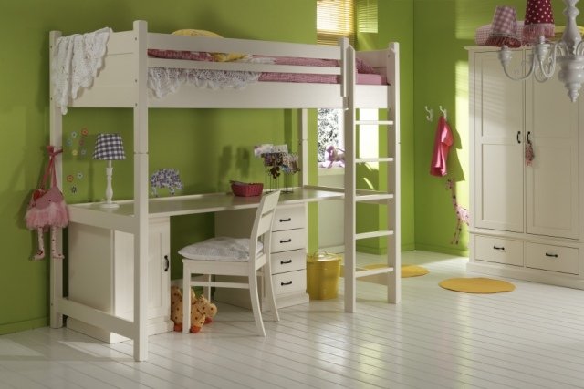 mesa-cama-loft-quarto infantil-mobília-parede-cor-verde-pastel