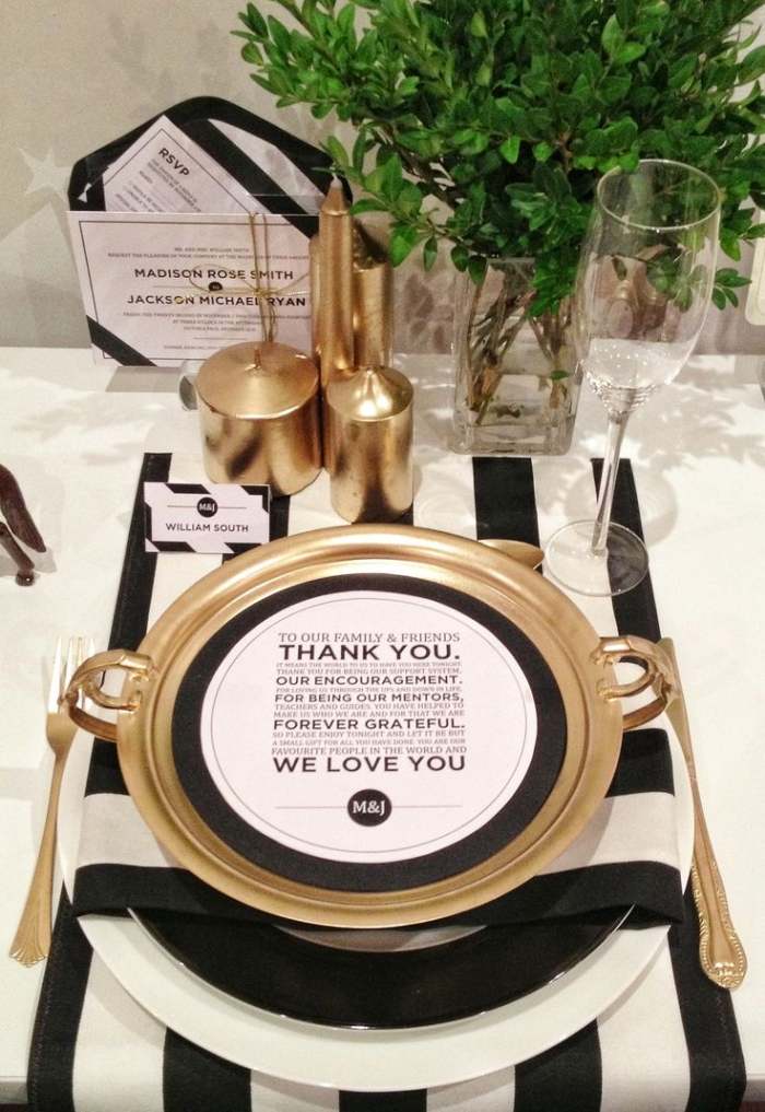 decoração de mesa-casamento-preto-branco-ouro-talheres-velas