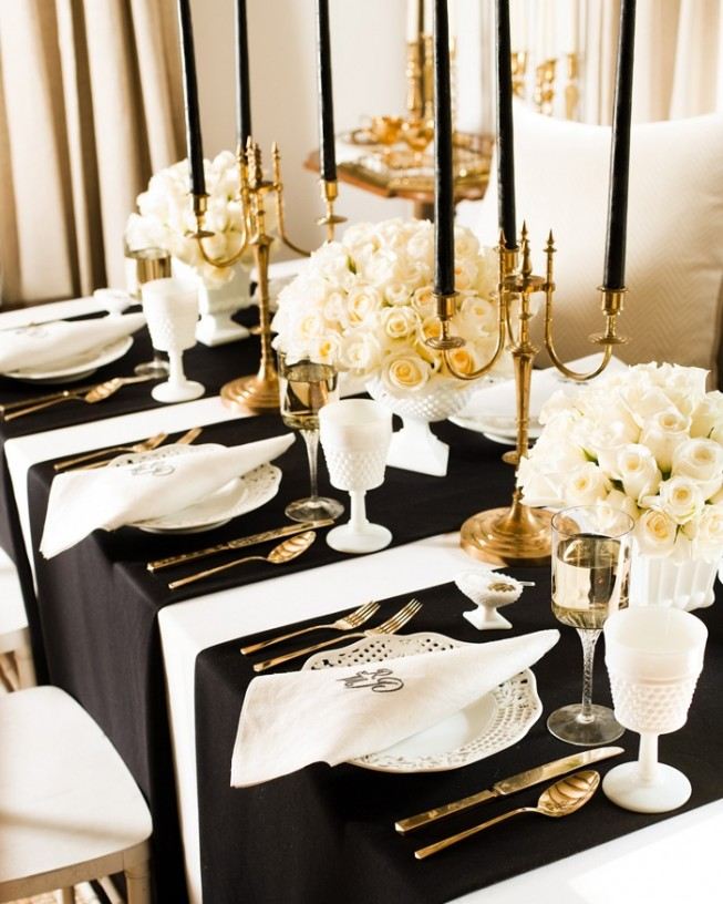 decoração de mesa-casamento-preto-branco-ouro