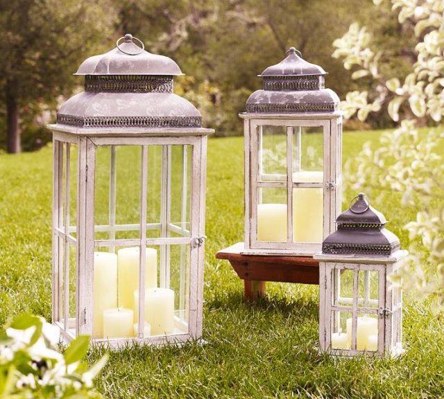 Ideias para iluminação externa jardim madeira branca vintage velas lanternas grama