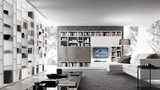 Design de parede da sala de estar - estantes de livros - design italiano Presotto branco