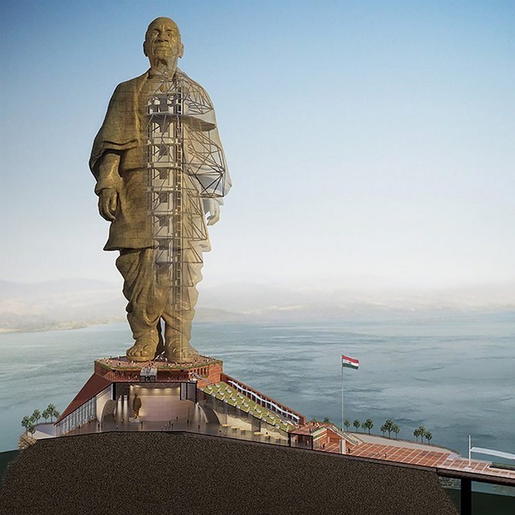 estátua mais alta do mundo projeto ilha vista aérea monumento museu estrutura de aço planta baixa em 3D