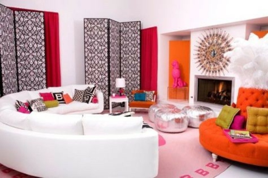 decoração de parede de sala de estar laranja-rosa-cinza