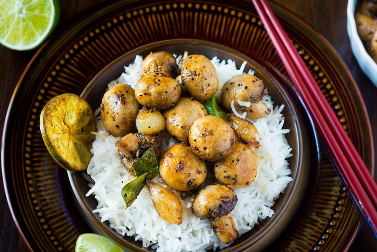 cultivo de cogumelos preparando prato de arroz saudável cogumelos comestíveis locais