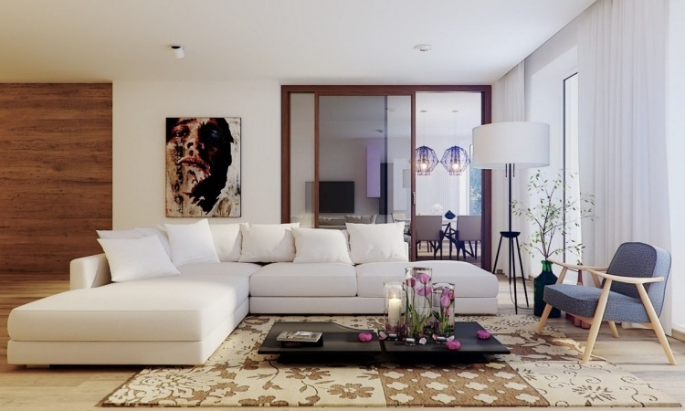 Ideias de decoração 2015 -trends-living-room-white-corner-sofa-purple-acents