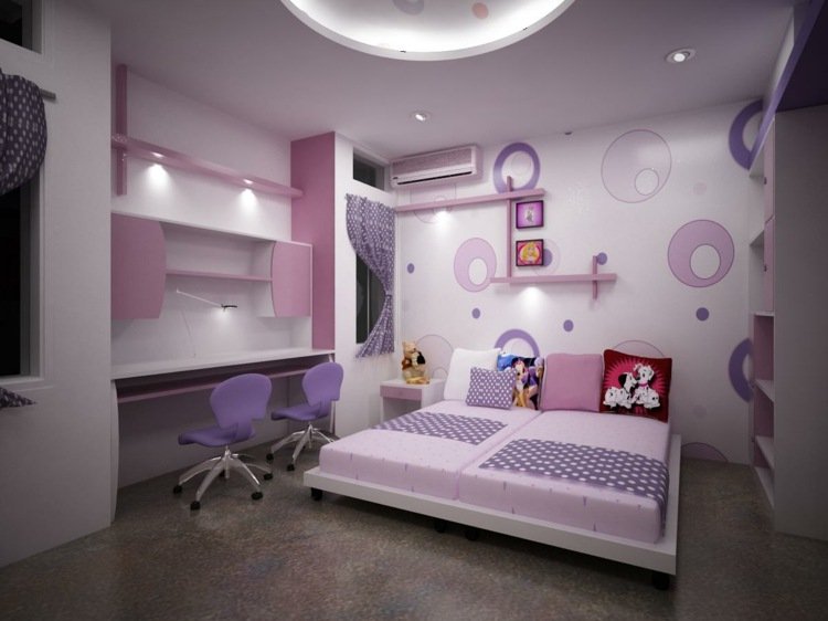 cor da parede design roxo quarto infantil círculos design mesa travesseiro teto