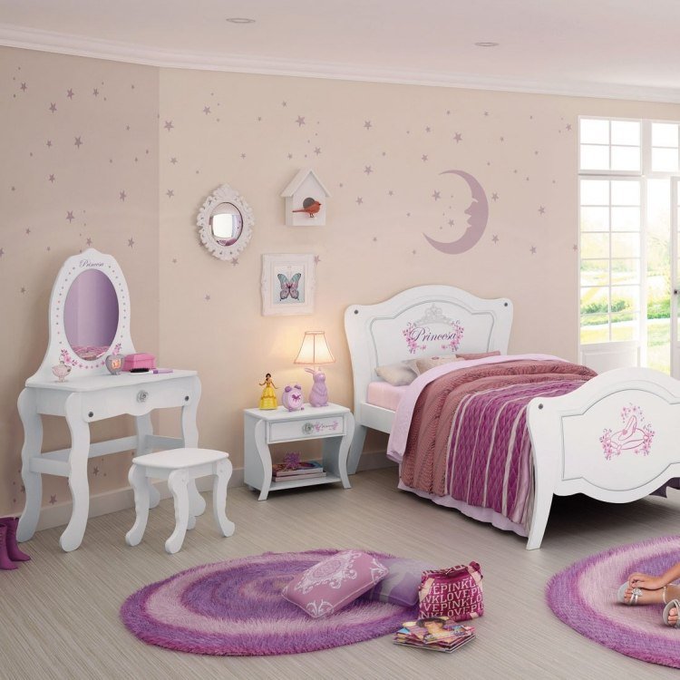 Cor e design de parede para crianças quarto-menina-púrpura-estrela-lua-branca-móveis