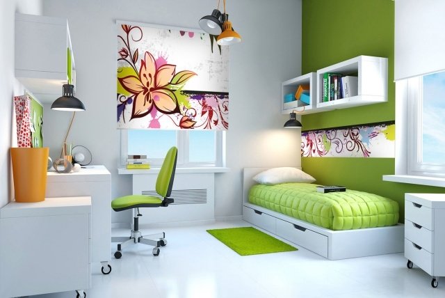 ideias-quarto infantil-cores-branco-verde-gaveta cama de solteiro