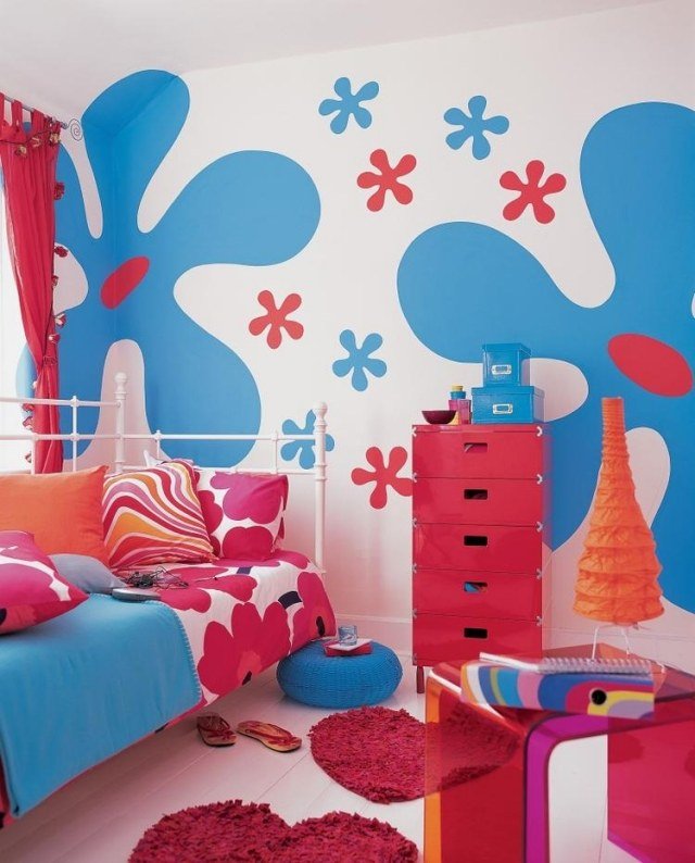 wall-design-Nursery-girl-blue-red-flowers-retro-flair