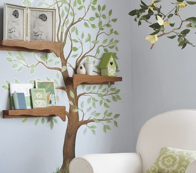 wall-design-child room-wall-paint-blue-grey-sticker-tree