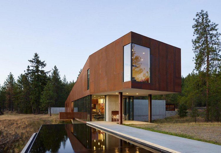 fachada em aço e vidro ótica de ferrugem moderna natural