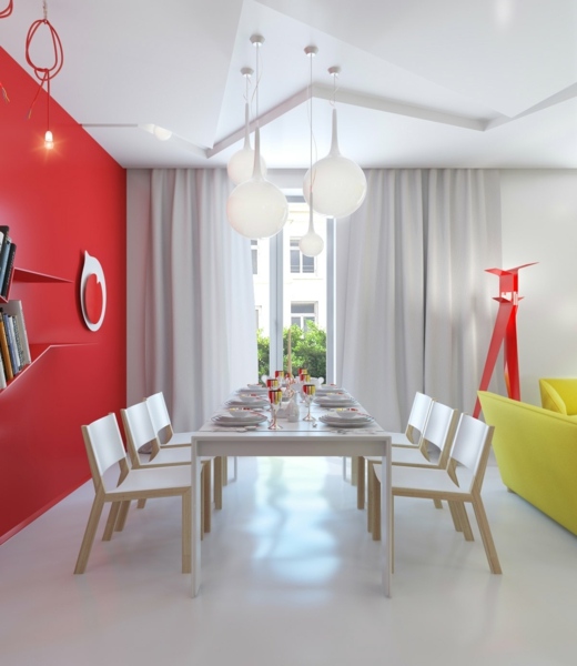 combinação de vermelho e branco no design da sala de jantar