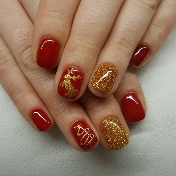 unhas de gel natal ouro vermelho padrão glitter alce do abeto