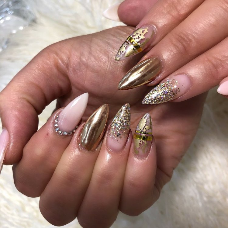 stiletto gel unhas strass ouro pó cromo glitter folha de ouro