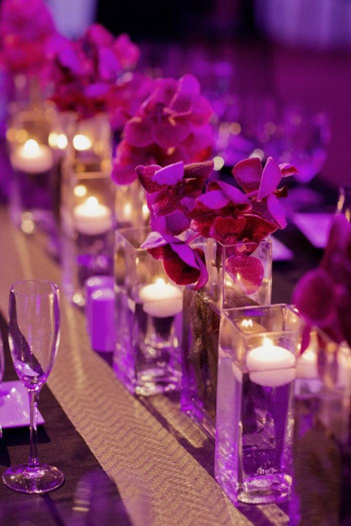 Casamento-decoração-em-fúcsia-velas-tealights-flores de orquídea