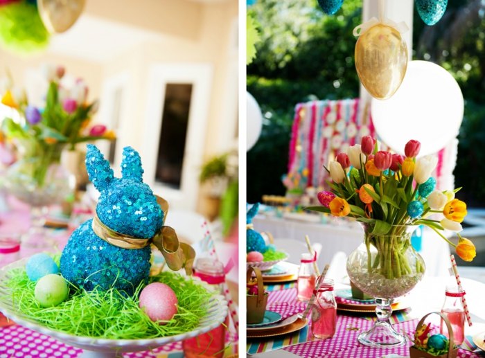 Decoração de mesa de Páscoa-coelho-lantejoulas-azul-grama-artificial-ovos-tulipas-buquê