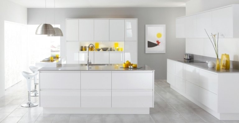 cores ideias cozinha branco moderno minimalista amarelo acentos de alto brilho