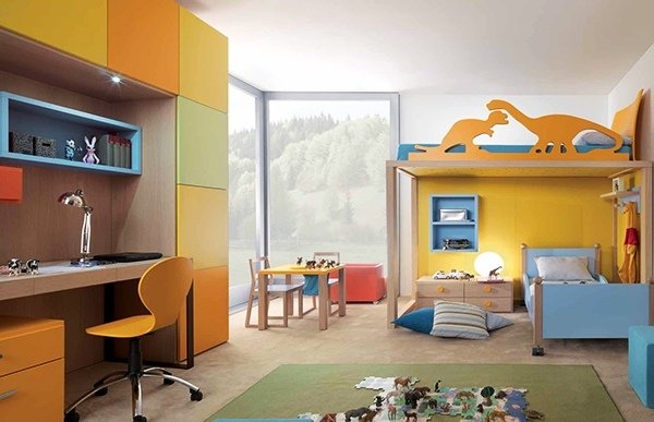 Quarto infantil moderno com decoração de mesa de dinossauros