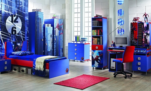 Quarto infantil azul vermelho homem-aranha idéias-temas design