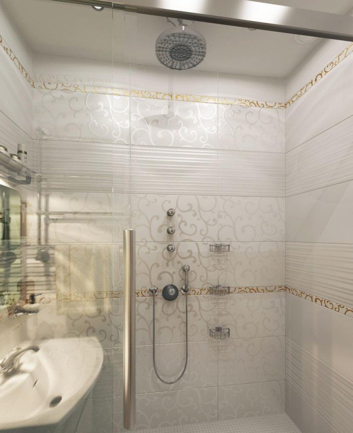 small-bathroom-tile-ideas-light-grey-floral-pattern-shower-area-golden-acentos