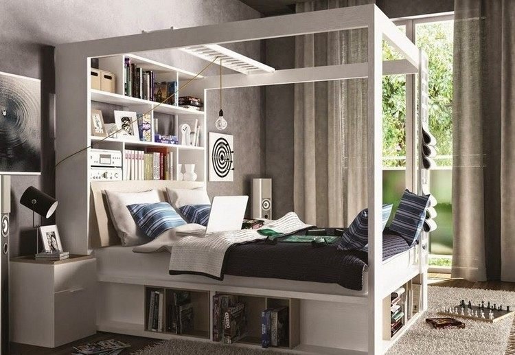 Mobília de um pequeno quarto para crianças-idéias-quarto dos jovens-cama de dossel-espaço de armazenamento-prateleiras