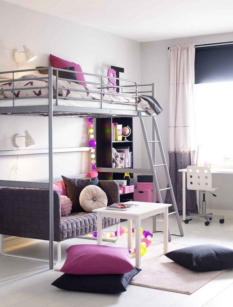 Prepare um pequeno quarto para crianças-cama-sofá-cama-loft-cinza-rosa-branco-cores