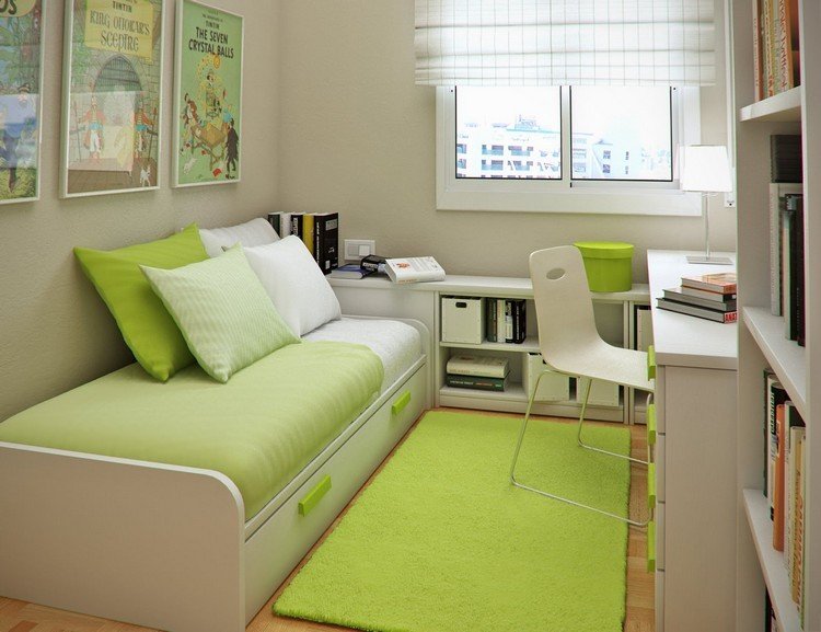 quarto de criança pequena-interior-design-cama de solteiro-cama-armazenamento-branco-verde