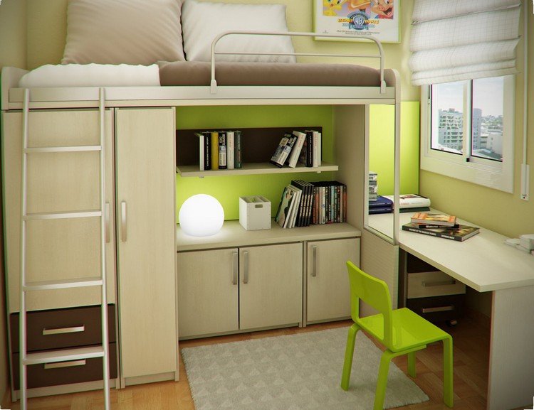 quarto de crianças pequenas-design-interior-cama-loft-guarda-roupa-verde-parede-pintura