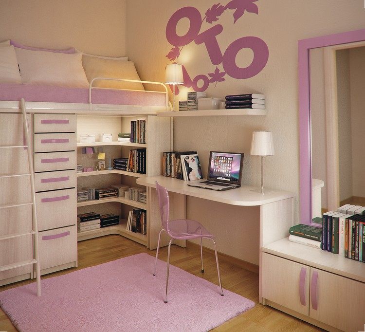 pequeno-quarto-infantil-interior-design-menina-sótão cama-guarda-roupa-mesa