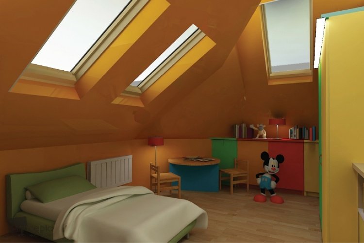 quarto infantil pequeno telhado inclinado parede laranja design cama verde