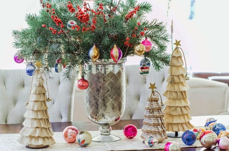 Decorações de mesa para Natal-faça-você-mesmo-tecido-árvores-de-natal-funileiro-bola-de-natal