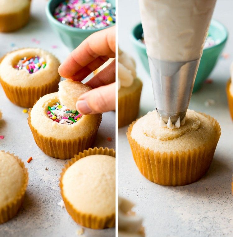 Receita de bolo com instruções surpresa para recheio de cupcakes