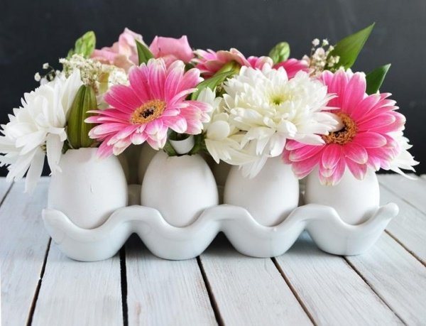 Tigelas para ovos de Páscoa plantadas. Idéias para vasos de flores de primavera