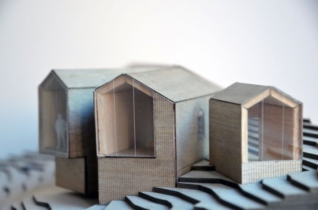 Volumes de construção casa de madeira moderna janela de frontão modelo 3d