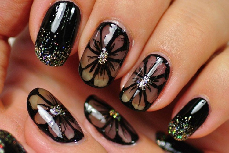 design de unhas em flor preta glitter ideia DIY