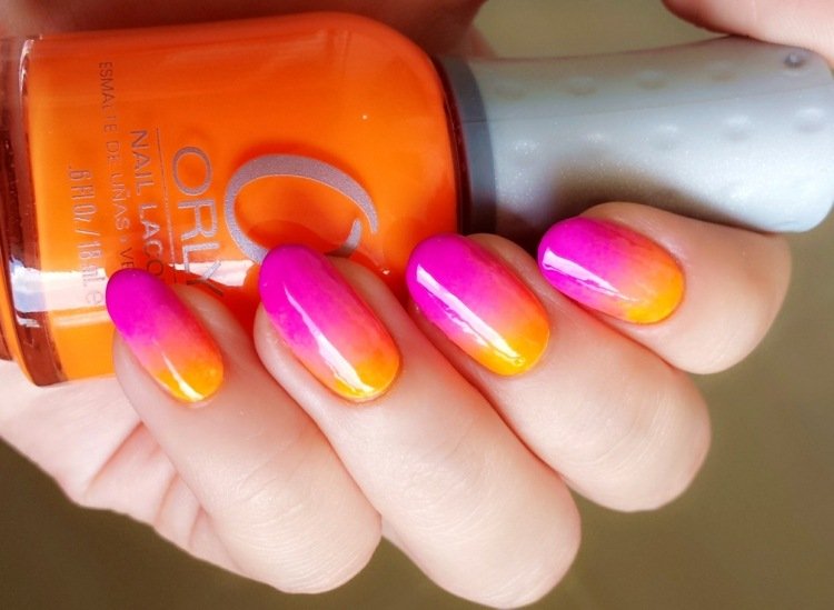 desenho de unhas com motivos neon ombre ideia rosa laranja verão