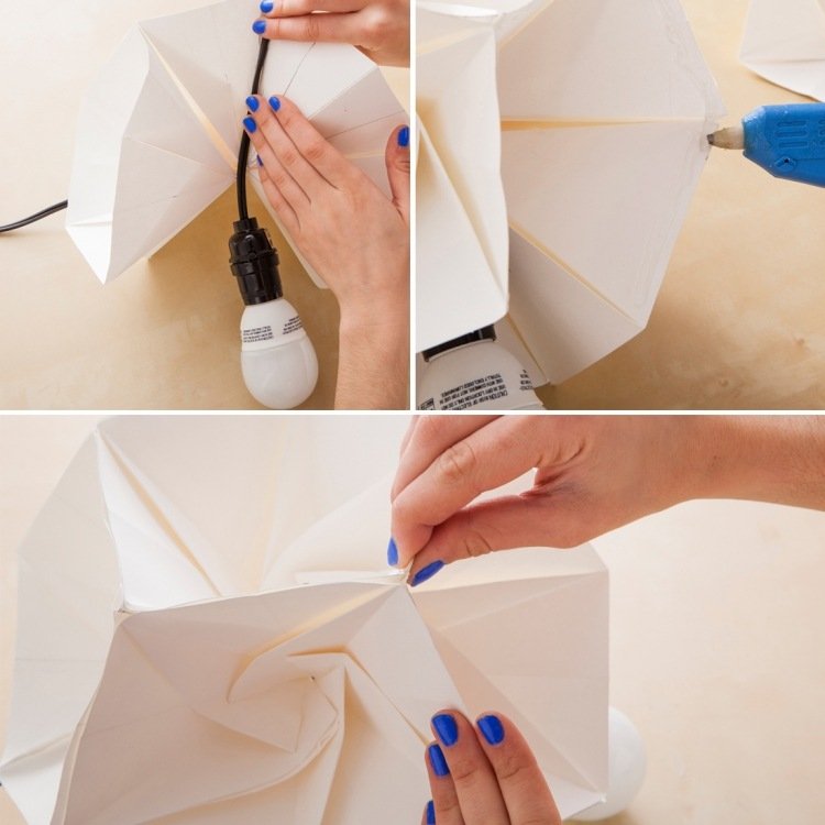 origami-lâmpada-diy-instruções-papel-papelão-dobras-cola quente-cabo-prender