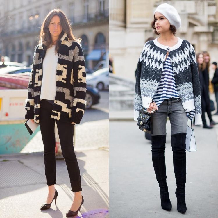 outfit-ideas-cardigans-oversize-pattern-black-gray-white-jeans-fashion