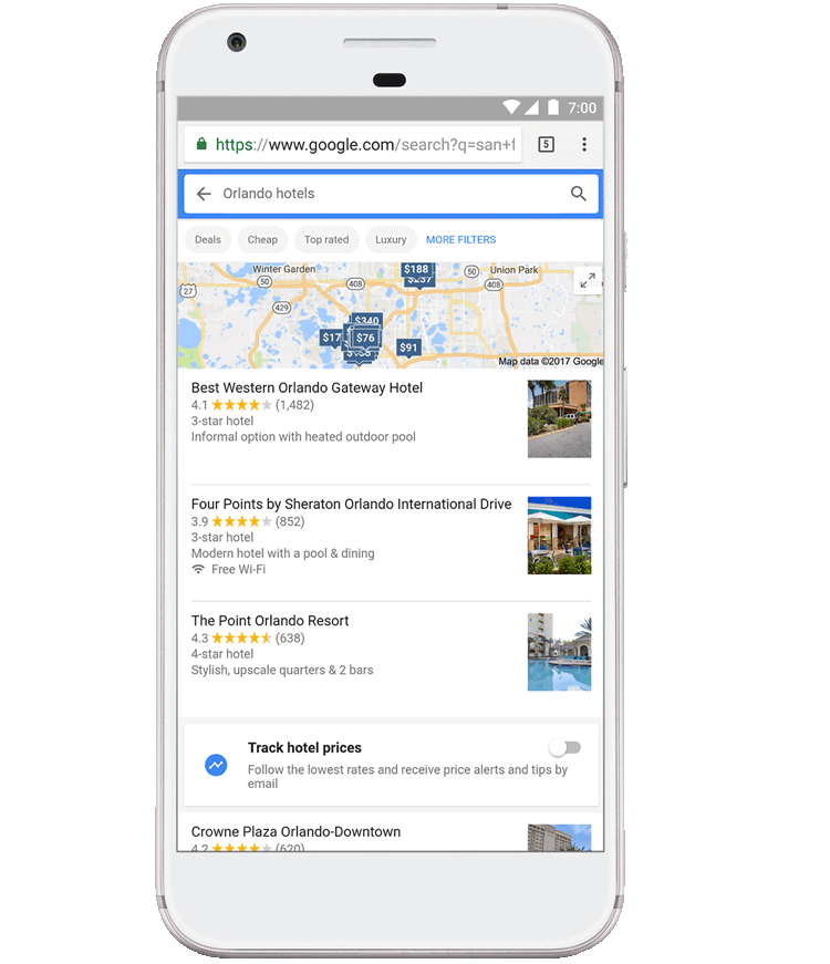 Planeje uma viagem App de pesquisa de hotéis do Google