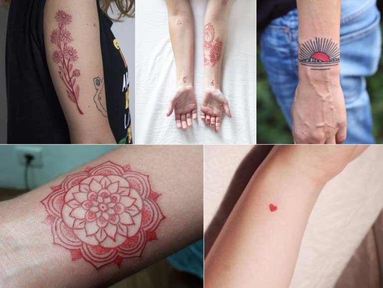 Tatuagens vermelhas para braços com mandala, flores, coração e pôr do sol