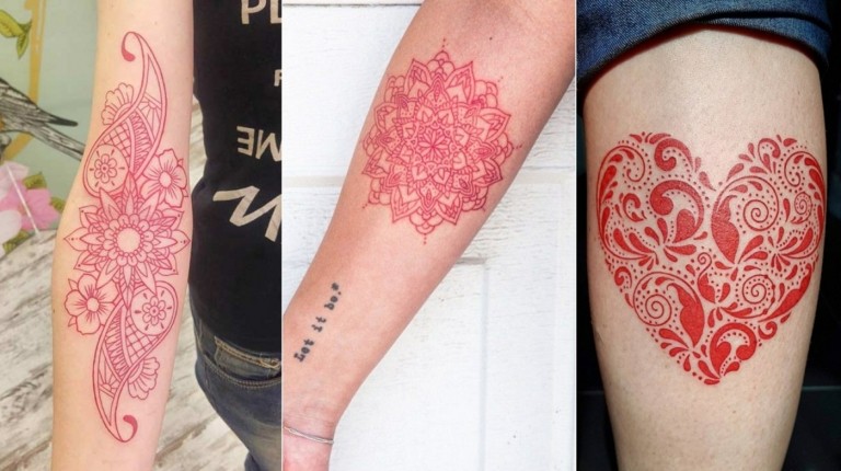 Mandalas de diferentes formas e tinta vermelha para tatuagem