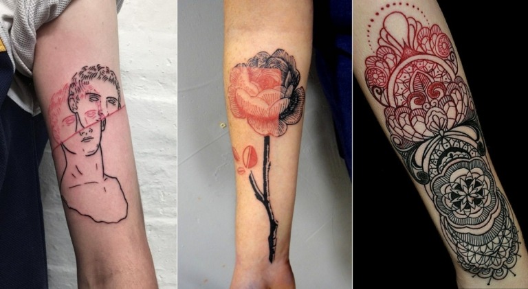 Combine tatuagens vermelhas com preto para mandalas, retratos e flores