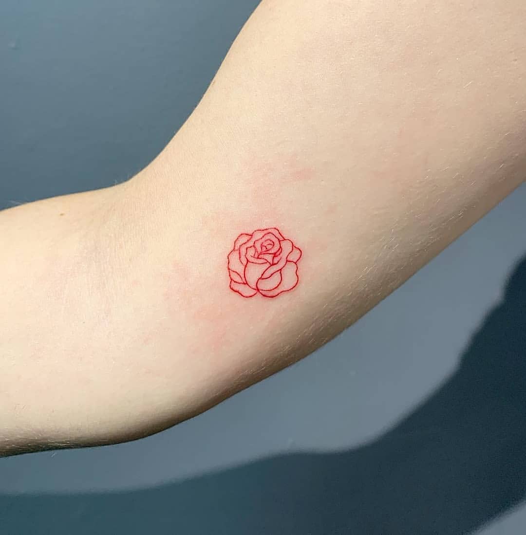 Rosa vermelha como uma mini tatuagem no braço com uma aparência abstrata