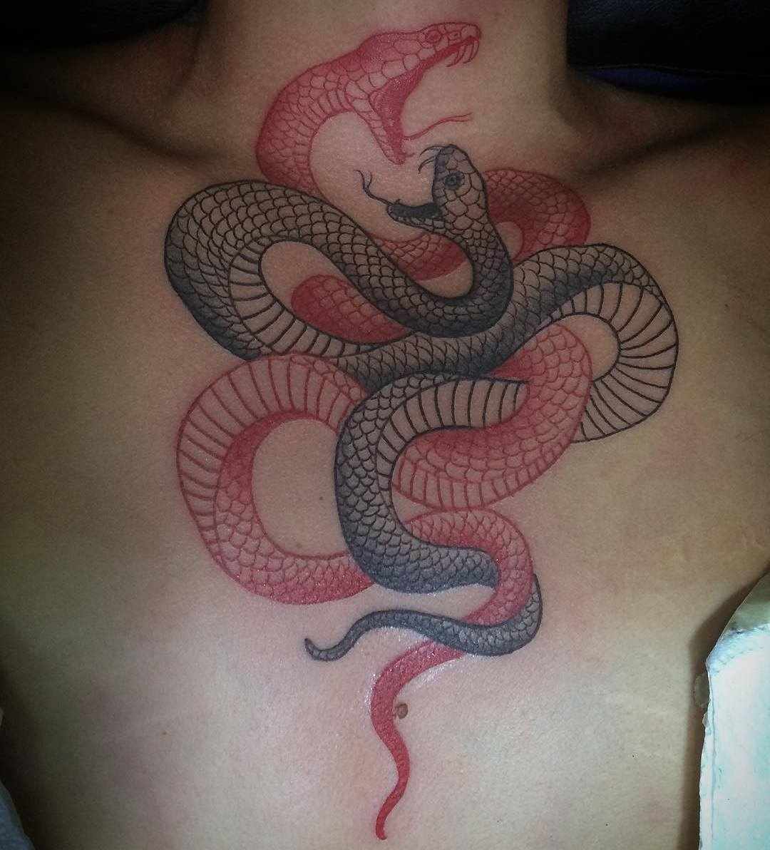 Cobras em vermelho e preto no peito de um homem